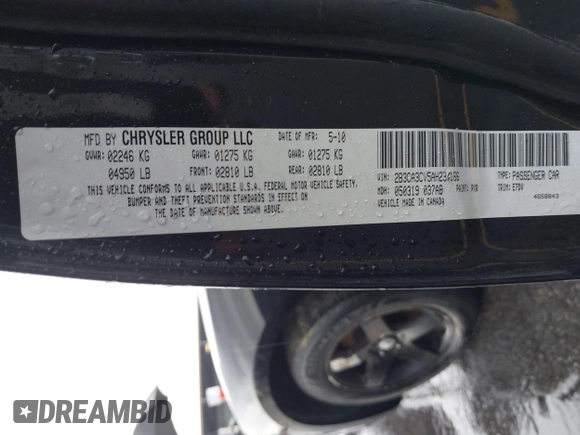 2010 Dodge Charger SXT with VIN 2B3CA3CV5AH234166, listed as a IAAI auction lot 42086386 with 120,368 mi miles. Bid and sale history available at carsss.com. Image 9.