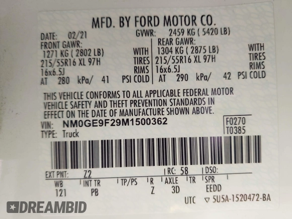 2021 Ford Transit Connect XLT with VIN NM0GE9F29M1500362, listed as a IAAI auction lot 42266265 with 63,273 mi miles and . Bid and sale history available at DreamBid. Image 9.