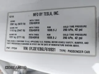 2020 Tesla Model 3 Long Range with VIN 5YJ3E1EB6LF618931, listed as a IAAI auction lot 41867451 with 47,502 mi miles and . Bid and sale history available at DreamBid. Image 9.