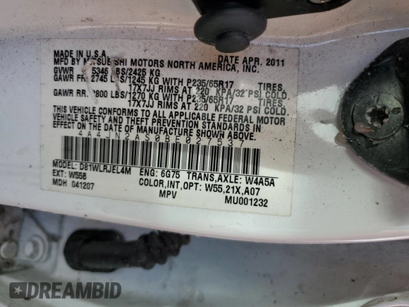 2011 Mitsubishi Endeavor LS with VIN 4A4JN2AS0BE027537, listed as a Copart auction lot 76046784 with 0 mi miles and Salvage Title. Bid and sale history available at carsss.com. Image 14.
