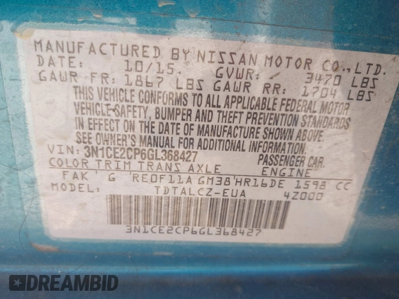 2016 Nissan Note S z VIN 3N1CE2CP6GL368427, wystawiony jako IAAI lot #42303379 z przebiegiem 81 283 mil mil oraz . Historia ofert i sprzedaży dostępna na DreamBid. Obrazek 9.