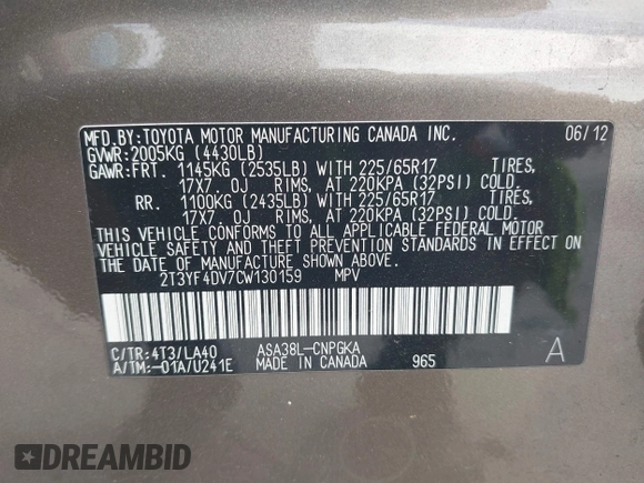 2012 Toyota RAV4 Limited with VIN 2T3YF4DV7CW130159, listed as a IAAI auction lot 42492697 with 135,458 mi miles and . Bid and sale history available at DreamBid. Image 9.