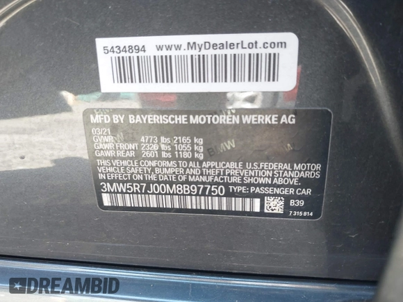 2021 BMW 3 Series 330i xDrive with VIN 3MW5R7J00M8B97750, listed as a IAAI auction lot 41810399 with 60,771 mi miles and . Bid and sale history available at DreamBid. Image 9.