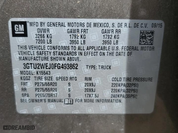 2015 GMC Sierra 1500 Denali with VIN 3GTU2WEJ0FG493862, listed as a Copart auction lot 48051765 with 193,890 mi miles and Salvage Title. Bid and sale history available at carsss.com. Image 12.