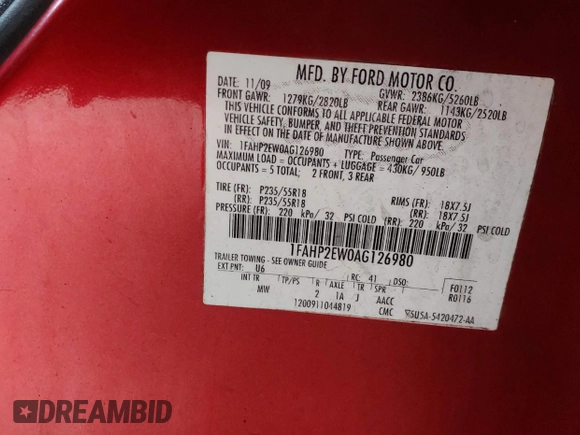 2010 Ford Taurus SEL с VIN 1FAHP2EW0AG126980, выставлен на аукционе IAAI как лот 42306206 с пробегом 292 562 миль миль и . История ставок и продаж доступна на DreamBid. Изображение 9.