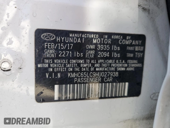 2017 Hyundai Ioniq Blue with VIN KMHC65LC9HU027938, listed as a Copart auction lot 48061475 with 87,612 mi miles and Salvage Title. Bid and sale history available at DreamBid. Image 12.