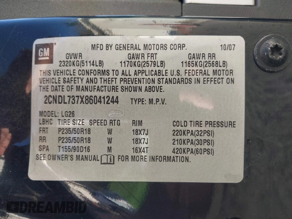 2008 Chevrolet Equinox Sport with VIN 2CNDL737X86041244, listed as a IAAI auction lot 42054414 with 152,880 mi miles. Bid and sale history available at carsss.com. Image 9.