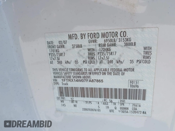 2007 Ford F-150 STX with VIN 1FTRX14W07FA87865, listed as a IAAI auction lot 42333510 with 173,973 mi miles and . Bid and sale history available at DreamBid. Image 9.