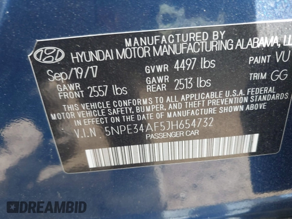 2018 Hyundai Sonata SEL with VIN 5NPE34AF5JH654732, listed as a IAAI auction lot 42103618 with 46,762 mi miles and . Bid and sale history available at DreamBid. Image 9.