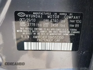 2011 Hyundai Azera Limited with VIN KMHFC4DF1BA552350, listed as a IAAI auction lot 42628519 with 295,296 mi miles and . Bid and sale history available at DreamBid. Image 9.