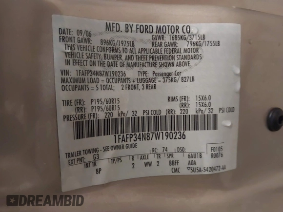 2007 Ford Focus S с VIN 1FAFP34N87W190236, выставлен на аукционе IAAI как лот 39851045 с пробегом 130 835 миль миль и . История ставок и продаж доступна на DreamBid. Изображение 9.
