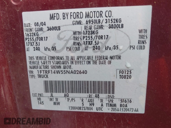 2005 Ford F-150 XL with VIN 1FTRF14W55NA02640, listed as a IAAI auction lot 42188475 with 188,506 mi miles and . Bid and sale history available at DreamBid. Image 9.