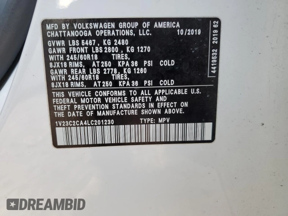 2020 Volkswagen Atlas SE with VIN 1V23C2CA4LC201230, listed as a Copart auction lot 82494594 with 47,880 mi miles and Salvage title. Bid and sale history available at DreamBid. Image 13.