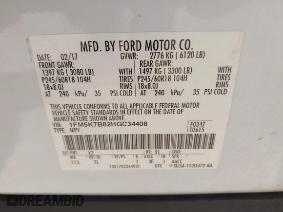 2017 Ford Explorer с VIN 1FM5K7B82HGC34408, выставлен на аукционе IAAI как лот 41695987 с пробегом 177 913 миль миль и . История ставок и продаж доступна на DreamBid. Изображение 9.