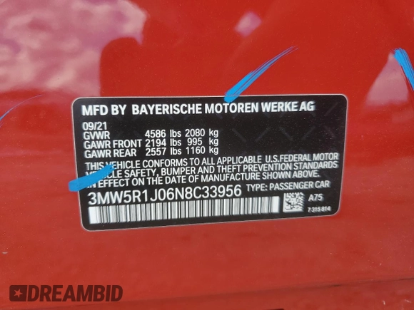 2022 BMW 3 Series 330i with VIN 3MW5R1J06N8C33956, listed as a Copart auction lot 56572065 with 60,867 mi miles and Salvage title. Bid and sale history available at DreamBid. Image 13.