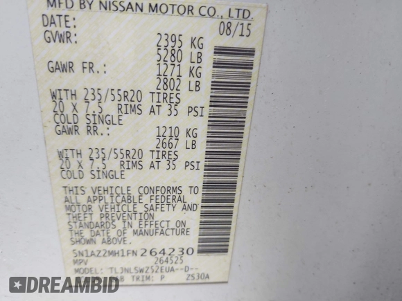 2015 Nissan Murano SV z VIN 5N1AZ2MH1FN264230, wystawiony jako IAAI lot #41706849 z przebiegiem 232 718 mil mil oraz . Historia ofert i sprzedaży dostępna na DreamBid. Obrazek 9.