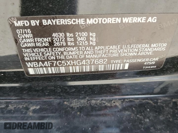 2017 BMW 4 Series 430i with VIN WBA4F7C5XHG437682, listed as a Copart auction lot 56781835 with 129,639 mi miles and Salvage title. Bid and sale history available at DreamBid. Image 12.