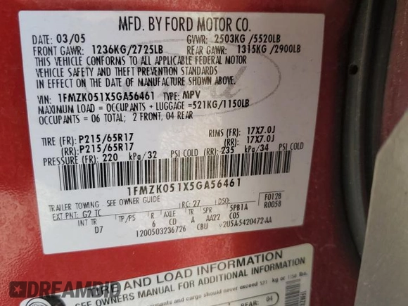 2005 Ford Freestyle SEL с VIN 1FMZK051X5GA56461, выставлен на аукционе Copart как лот 64074815 с пробегом 224 862 миль миль и Списание • Salvage title. История ставок и продаж доступна на DreamBid. Изображение 14.