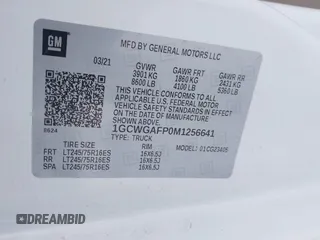 2021 Chevrolet Express Cargo z VIN 1GCWGAFP0M1256641, wystawiony jako IAAI lot #41555820 z przebiegiem Nie podano mil oraz . Historia ofert i sprzedaży dostępna na DreamBid. Obrazek 9.
