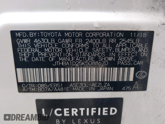 2019 Lexus IS 300 with VIN JTHBA1D25K5088670, listed as a IAAI auction lot 42617262 with 76,965 mi miles and . Bid and sale history available at DreamBid. Image 9.
