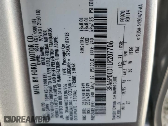 2020 Ford Fusion SEL with VIN 3FA6P0CD1LR207706, listed as a Copart auction lot 56338895 with 95,639 mi miles and Salvage title. Bid and sale history available at DreamBid. Image 13.