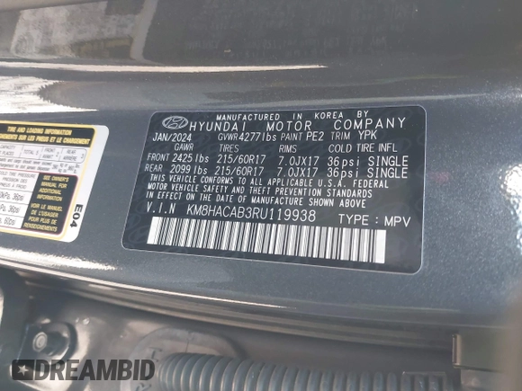 2024 Hyundai Kona SE with VIN KM8HACAB3RU119938, listed as a IAAI auction lot 41234644 with 8,466 mi miles. Bid and sale history available at carsss.com. Image 9.