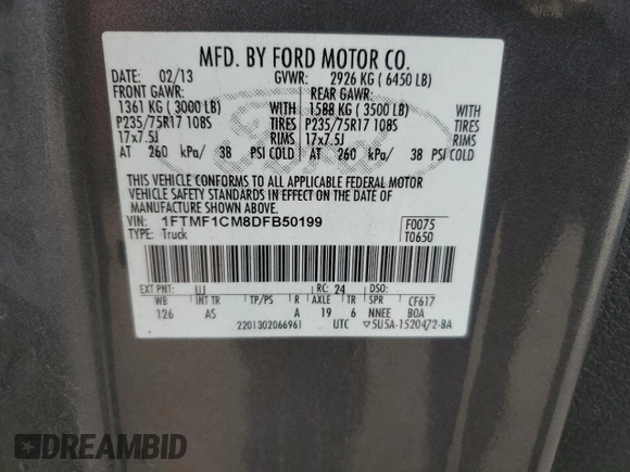 2013 Ford F-150 XL with VIN 1FTMF1CM8DFB50199, listed as a Copart auction lot 43690085 with 240,129 mi miles and Salvage Title. Bid and sale history available at carsss.com. Image 12.