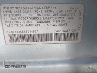 2006 Volkswagen Passat Lux with VIN WVWEK73C56E044974, listed as a IAAI auction lot 42424500 with 193,554 mi miles and . Bid and sale history available at DreamBid. Image 9.