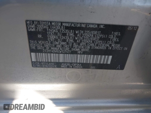 2012 Toyota RAV4 Limited with VIN 2T3YF4DV6CW127477, listed as a IAAI auction lot 41388969 with 208,087 mi miles. Bid and sale history available at carsss.com. Image 9.