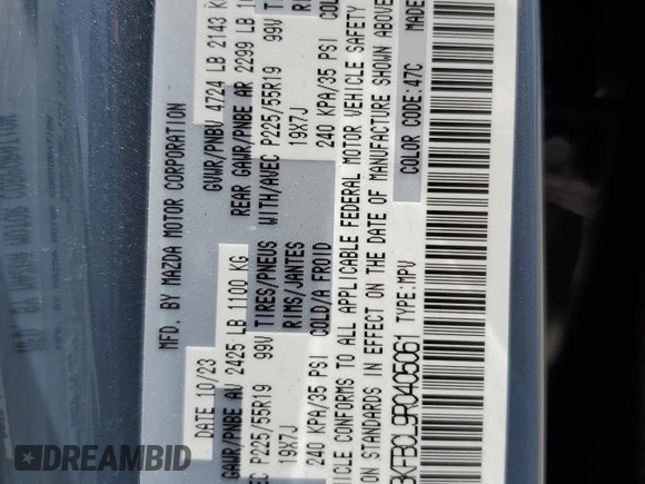 2024 Mazda CX-5 S Carbon Edition with VIN JM3KFBCL9R0405061, listed as a Copart auction lot 54995075 with 13,595 mi miles and Non Repairable. Bid and sale history available at DreamBid. Image 13.