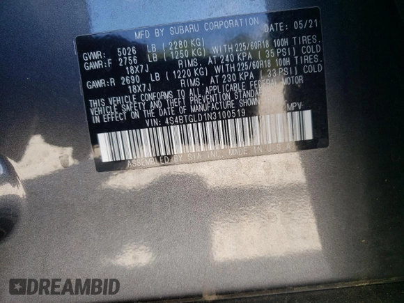 2022 Subaru Outback Onyx XT with VIN 4S4BTGLD1N3100519, listed as a Copart auction lot 56068655 with 45,470 mi miles and Salvage title. Bid and sale history available at DreamBid. Image 12.