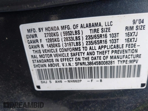 2005 Honda Odyssey EX-L with VIN 5FNRL38645B008281, listed as a IAAI auction lot 41985052 with 219,693 mi miles. Bid and sale history available at carsss.com. Image 9.