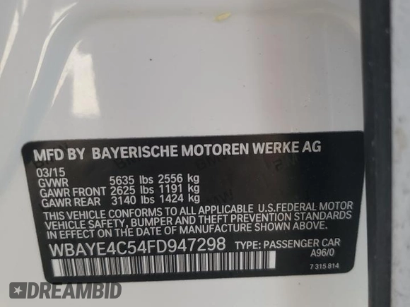 2015 BMW 7 Series 740Li with VIN WBAYE4C54FD947298, listed as a Copart auction lot 48323785 with 81,570 mi miles and Salvage Title. Bid and sale history available at DreamBid. Image 13.