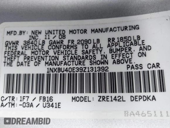 2009 Toyota Corolla with VIN 1NXBU40E39Z131392, listed as a IAAI auction lot 41194018 with 136,031 mi miles. Bid and sale history available at carsss.com. Image 9.
