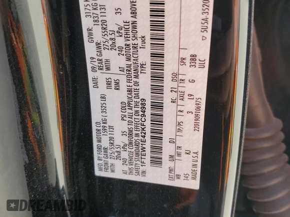 2019 Ford F-150 XL with VIN 1FTEW1E42KFC94989, listed as a Copart auction lot 48256705 with 108,120 mi miles and Salvage Title. Bid and sale history available at carsss.com. Image 14.