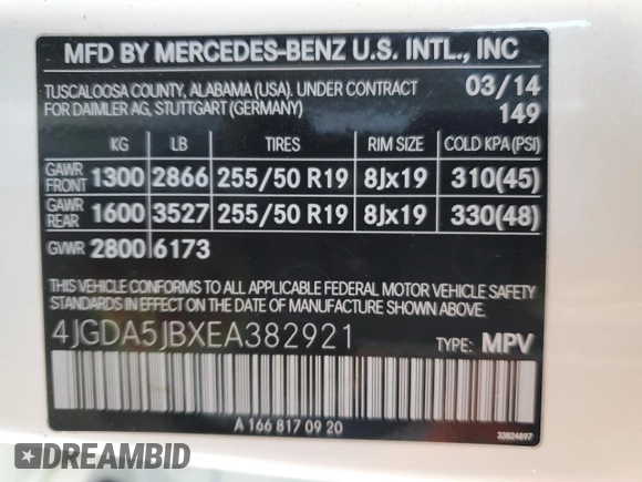 2014 Mercedes-Benz M 350 with VIN 4JGDA5JBXEA382921, listed as a Copart auction lot 45606495 with 135,987 mi miles and Salvage Title. Bid and sale history available at DreamBid. Image 13.