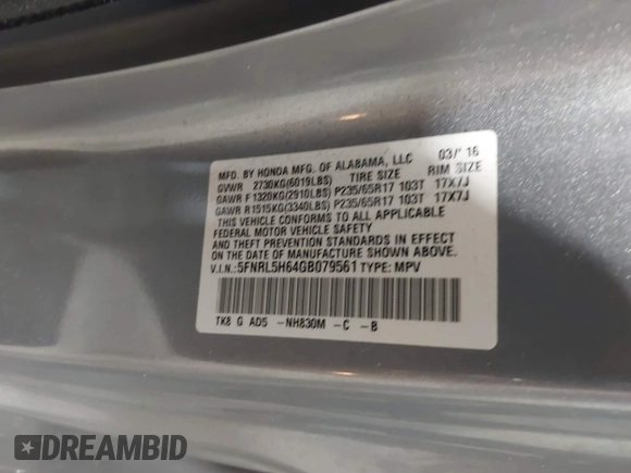 2016 Honda Odyssey EX-L with VIN 5FNRL5H64GB079561, listed as a IAAI auction lot 42176835 with 83,248 mi miles and . Bid and sale history available at carsss.com. Image 9.