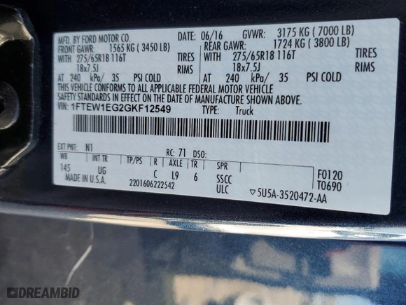 2016 Ford F-150 XLT with VIN 1FTEW1EG2GKF12549, listed as a Copart auction lot 51499655 with 57,878 mi miles and Salvage Title. Bid and sale history available at carsss.com. Image 13.