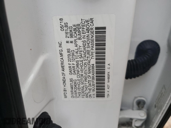 2019 Acura TLX w/Technology Pkg with VIN 19UUB1F58KA000864, listed as a Copart auction lot 45185355 with 68,646 mi miles and Salvage Title. Bid and sale history available at carsss.com. Image 12.