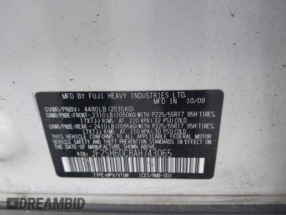 2010 Subaru Forester 2.5X Limited with VIN JF2SH6DC8AH743065, listed as a IAAI auction lot 41842167 with 126,512 mi miles. Bid and sale history available at carsss.com. Image 9.