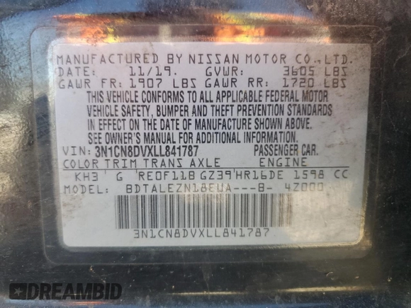 2020 Nissan Versa S with VIN 3N1CN8DVXLL841787, listed as a Copart auction lot 48344605 with 96,828 mi miles and Salvage Title. Bid and sale history available at carsss.com. Image 14.