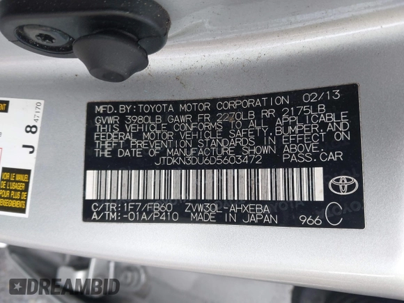 2013 Toyota Prius One with VIN JTDKN3DU6D5603472, listed as a IAAI auction lot 41808870 with 213,784 mi miles. Bid and sale history available at carsss.com. Image 9.