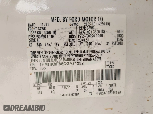 2012 Ford Explorer Limited with VIN 1FMHK8F86CGA71252, listed as a IAAI auction lot 42405951 with 188,510 mi miles and . Bid and sale history available at DreamBid. Image 9.