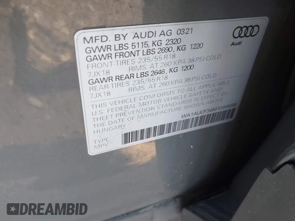 2021 Audi Q3 Premium with VIN WA1AUCF34M1099668, listed as a IAAI auction lot 41990226 with 69,866 mi miles and . Bid and sale history available at DreamBid. Image 9.