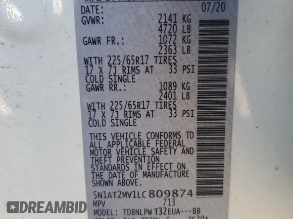 2020 Nissan Rogue S with VIN 5N1AT2MV1LC809874, listed as a Copart auction lot 50916145 with 56,453 mi miles and Salvage Title. Bid and sale history available at carsss.com. Image 13.