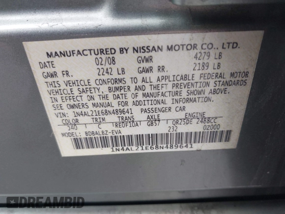 2008 Nissan Altima 2.5 SL with VIN 1N4AL21E68N489641, listed as a IAAI auction lot 41995516 with 164,600 mi miles. Bid and sale history available at carsss.com. Image 9.