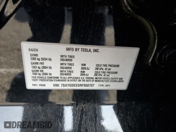 2024 Tesla Model Y Long Range with VIN 7SAYGDEE5RF060707, listed as a Copart auction lot 87288784 with Not provided miles and Salvage title. Bid and sale history available at DreamBid. Image 14.