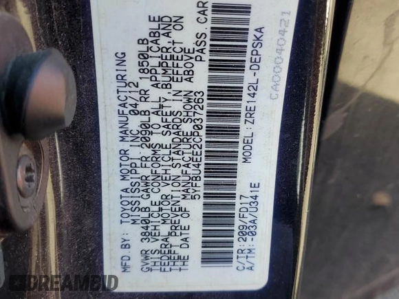 2012 Toyota Corolla L with VIN 5YFBU4EE2CP037263, listed as a Copart auction lot 47391185 with Not Provided miles and Salvage Title. Bid and sale history available at DreamBid. Image 15.