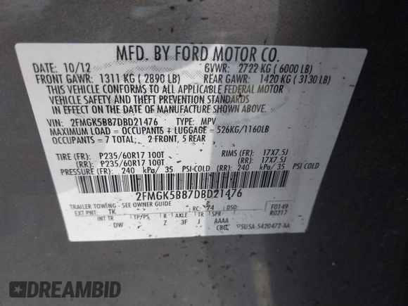 2013 Ford Flex SE with VIN 2FMGK5B87DBD21476, listed as a IAAI auction lot 41756454 with 164,089 mi miles. Bid and sale history available at carsss.com. Image 9.