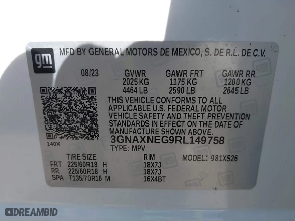 2024 Chevrolet Equinox Premier with VIN 3GNAXNEG9RL149758, listed as a IAAI auction lot 41895701 with 3,748 mi miles. Bid and sale history available at carsss.com. Image 9.
